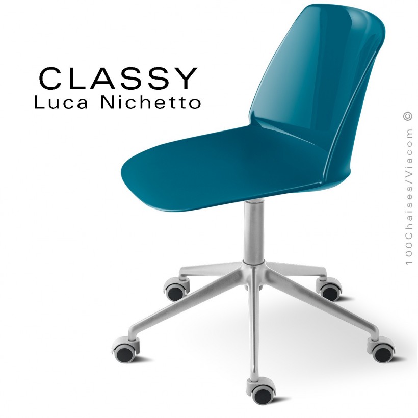 Chaise de bureau pivotante CLASSY, piétement aluminium brillant, assise pivotante coque plastique bleu d'eau.