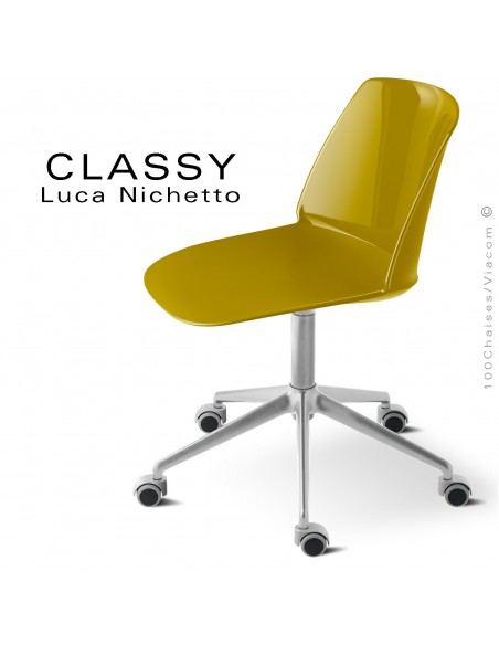 Chaise de bureau pivotante CLASSY, piétement aluminium brillant, assise pivotante coque plastique jaune curry.
