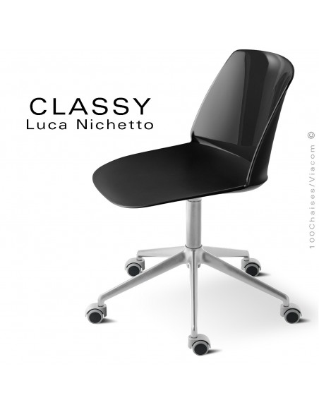 Chaise de bureau pivotante CLASSY, piétement aluminium brillant, assise pivotante coque plastique noir.