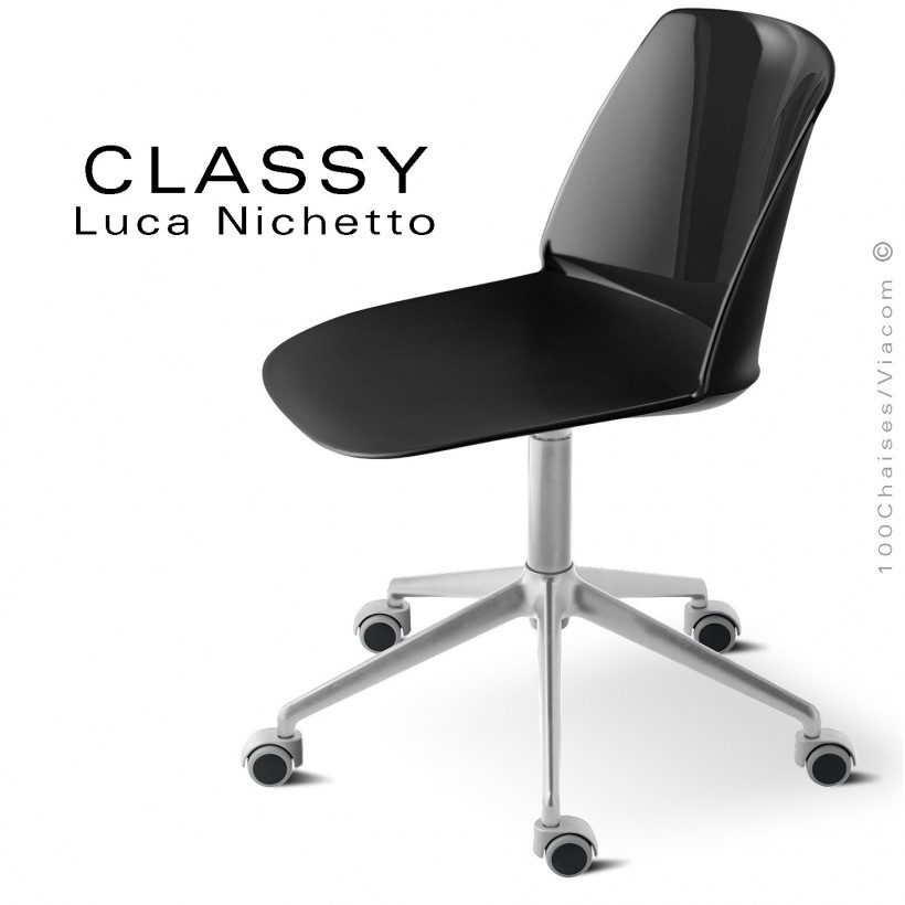 Chaise de bureau pivotante CLASSY, piétement aluminium brillant, assise pivotante coque plastique noir.