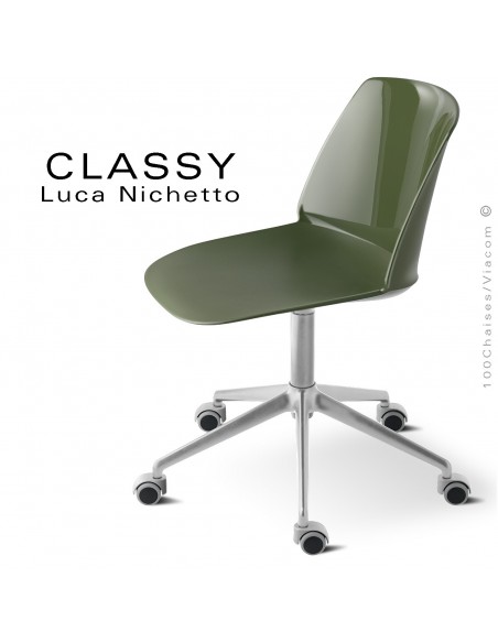 Chaise de bureau pivotante CLASSY, piétement aluminium brillant, assise pivotante coque plastique vert olive.