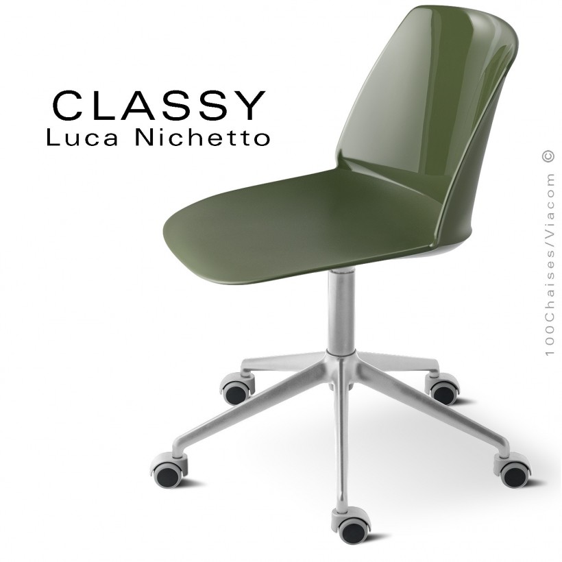 Chaise de bureau pivotante CLASSY, piétement aluminium brillant, assise pivotante coque plastique vert olive.