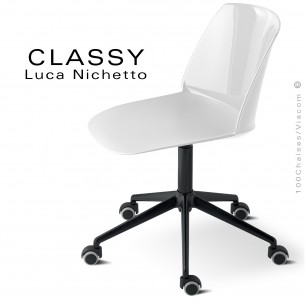 Chaise de bureau pivotante CLASSY, piétement aluminium noir, assise pivotante coque plastique couleur blanche.