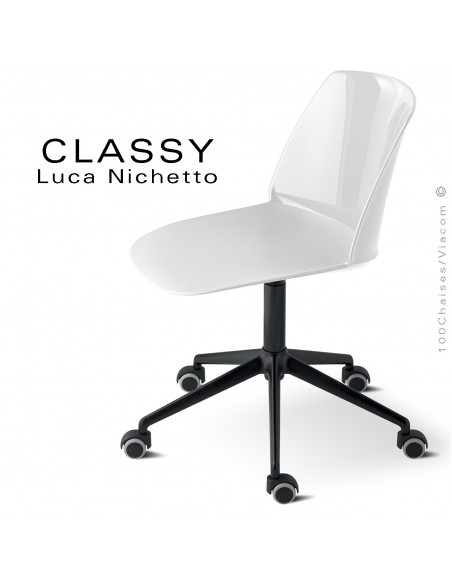 Chaise de bureau pivotante CLASSY, piétement aluminium noir, assise pivotante coque plastique couleur blanche.