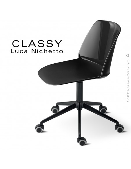 Chaise de bureau pivotante CLASSY, piétement aluminium noir, assise pivotante coque plastique couleur noir.