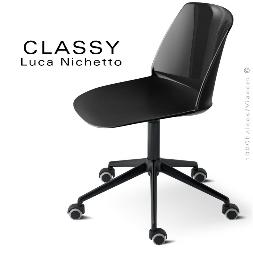 Chaise de bureau pivotante CLASSY, piétement aluminium noir, assise pivotante coque plastique couleur noir.