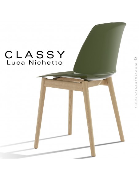 Chaise design CLASSY, piétement bois de Frêne vernis naturel, assise coque plastique couleur vert olive.