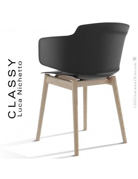 Fauteuil design CLASSY, piétement bois de Frêne vernis gris, assise coque plastique couleur noir.