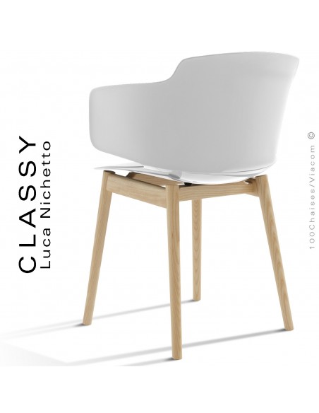 Fauteuil design CLASSY, piétement bois de Frêne vernis miel, assise coque plastique couleur blanche.