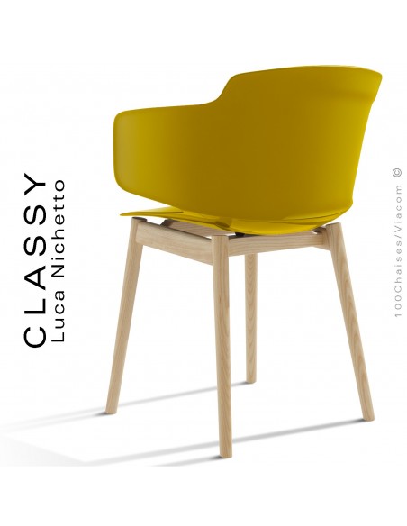 Fauteuil design CLASSY, piétement bois de Frêne vernis miel, assise coque plastique couleur jaune curry.