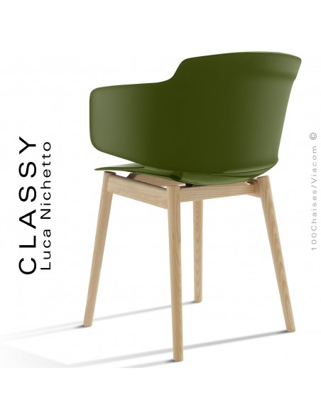 Fauteuil design CLASSY, piétement bois de Frêne vernis miel, assise coque plastique couleur vert olive.