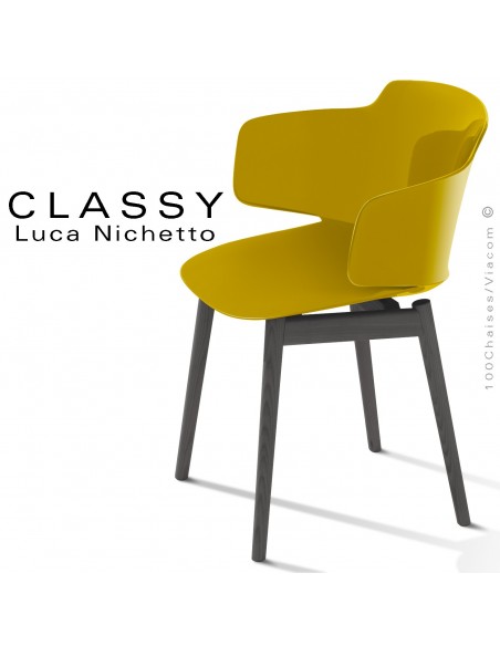 Fauteuil design CLASSY, piétement bois de Frêne vernis noir, assise coque plastique couleur jaune curry.
