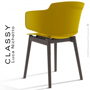 Fauteuil design CLASSY, piétement bois de Frêne vernis noir, assise coque plastique couleur jaune curry.
