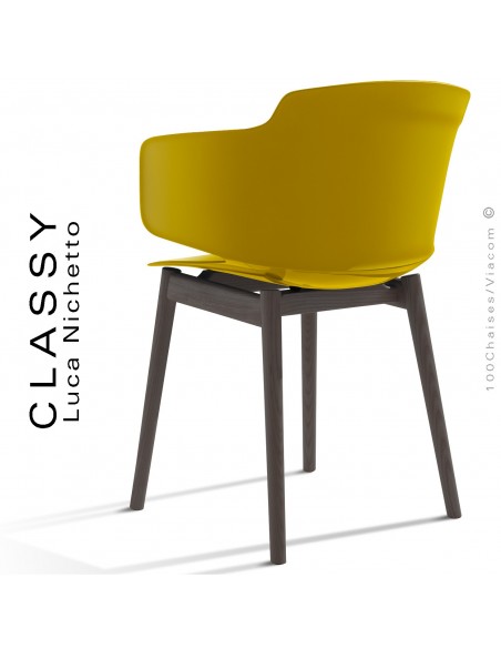 Fauteuil design CLASSY, piétement bois de Frêne vernis noir, assise coque plastique couleur jaune curry.