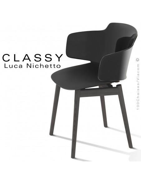 Fauteuil design CLASSY, piétement bois de Frêne vernis noir, assise coque plastique couleur noir.
