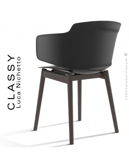 Fauteuil design CLASSY, piétement bois de Frêne vernis noir, assise coque plastique couleur noir.