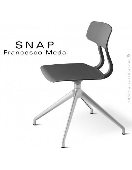 Chaise de bureau design SNAP, piétement aluminium brillant, assise pivotante coque plastique anthracite.