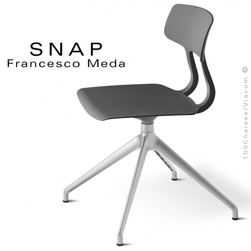 Chaise de bureau design SNAP, piétement aluminium brillant, assise pivotante coque plastique anthracite.