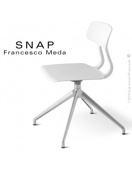 Chaise de bureau design SNAP, piétement aluminium brillant, assise pivotante coque plastique blanc.