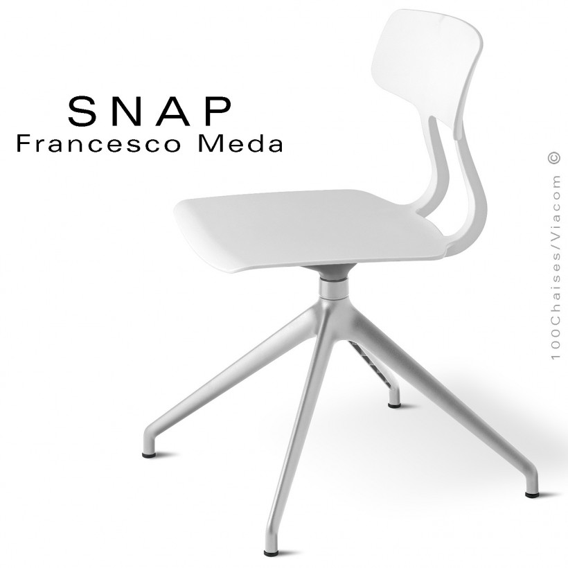 Chaise de bureau design SNAP, piétement aluminium brillant, assise pivotante coque plastique blanc.