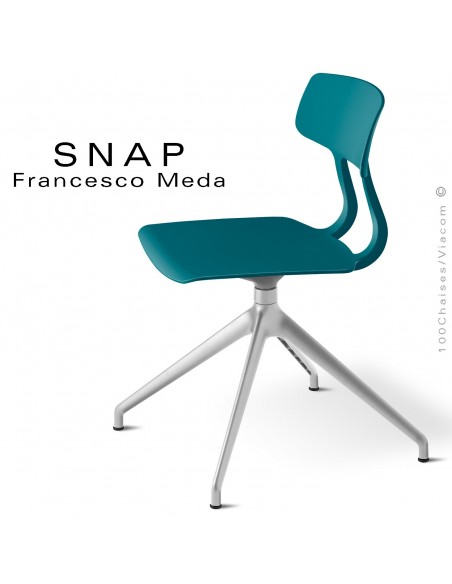 Chaise de bureau design SNAP, piétement aluminium brillant, assise pivotante coque plastique bleu d'eau.