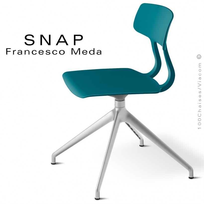Chaise de bureau design SNAP, piétement aluminium brillant, assise pivotante coque plastique bleu d'eau.
