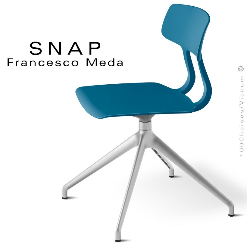 Chaise de bureau design SNAP, piétement aluminium brillant, assise pivotante coque plastique bleu Capri.
