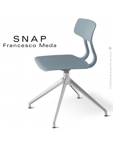 Chaise de bureau design SNAP, piétement aluminium brillant, assise pivotante coque plastique gris petit gris.