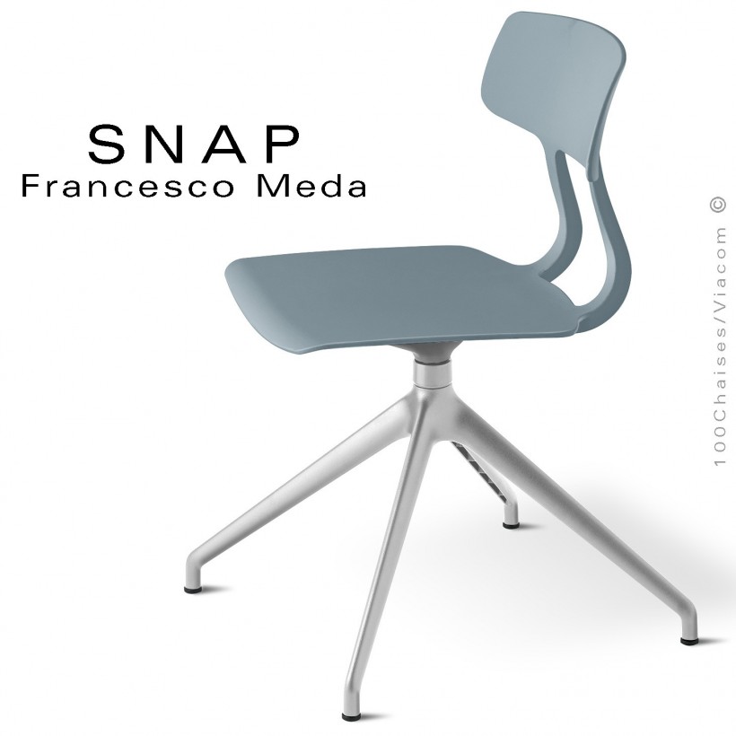 Chaise de bureau design SNAP, piétement aluminium brillant, assise pivotante coque plastique gris petit gris.