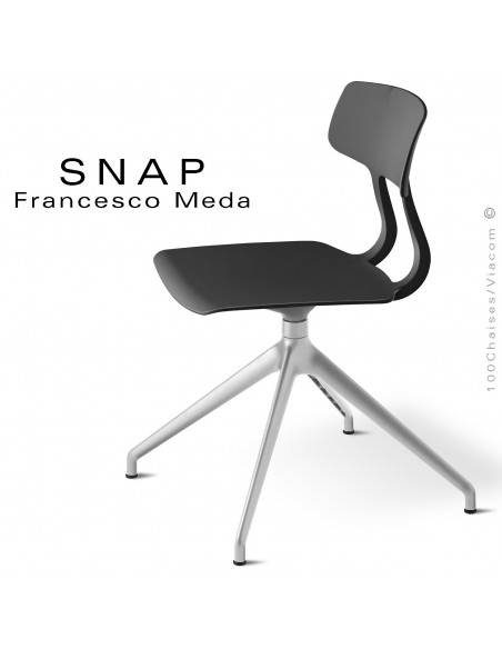 Chaise de bureau design SNAP, piétement aluminium brillant, assise pivotante coque plastique noir.
