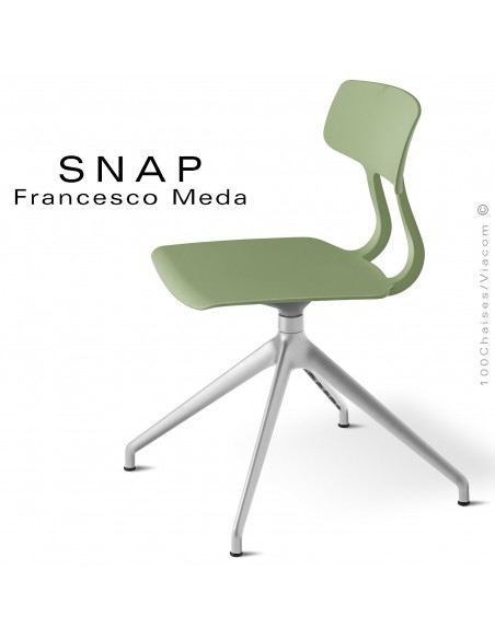 Chaise de bureau design SNAP, piétement aluminium brillant, assise pivotante coque plastique pistache.