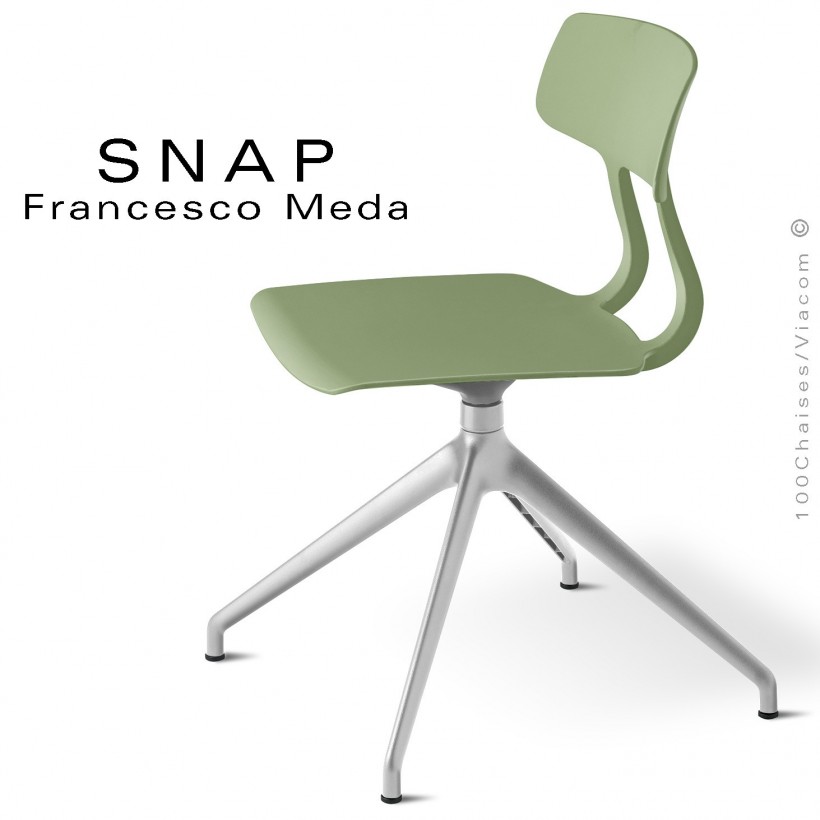 Chaise de bureau design SNAP, piétement aluminium brillant, assise pivotante coque plastique pistache.