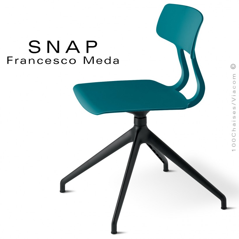 Chaise de bureau design SNAP, piétement aluminium noir, assise pivotante coque plastique bleu d'eau.