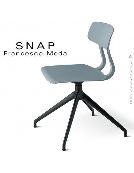 Chaise de bureau design SNAP, piétement aluminium noir, assise pivotante coque plastique gris petit gris.
