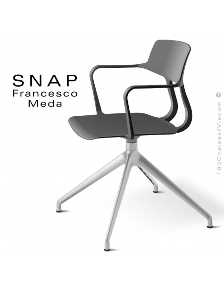 Chaise de bureau design SNAP, piétement aluminium brillant, assise pivotante coque plastique avec accoudoirs couleur anthracite.