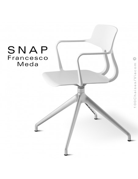 Chaise de bureau design SNAP, piétement aluminium brillant, assise pivotante coque plastique avec accoudoirs couleur blanc.