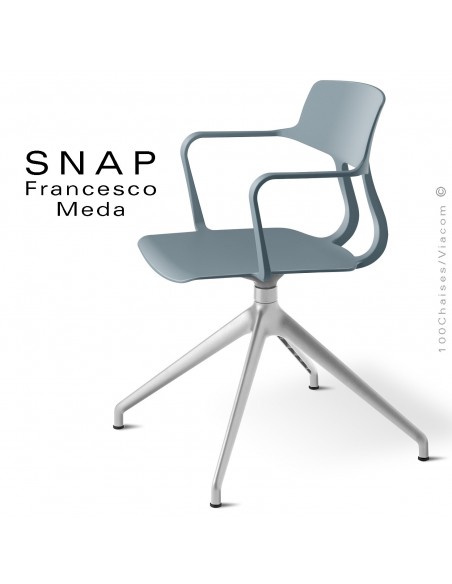 Chaise de bureau design SNAP, piétement aluminium brillant, assise pivotante coque plastique avec accoudoirs couleur gris.