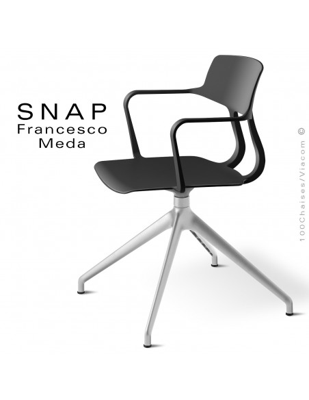 Chaise de bureau design SNAP, piétement aluminium brillant, assise pivotante coque plastique avec accoudoirs couleur noir.