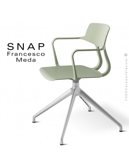 Chaise de bureau design SNAP, piétement aluminium brillant, assise pivotante coque plastique avec accoudoirs couleur pistache.