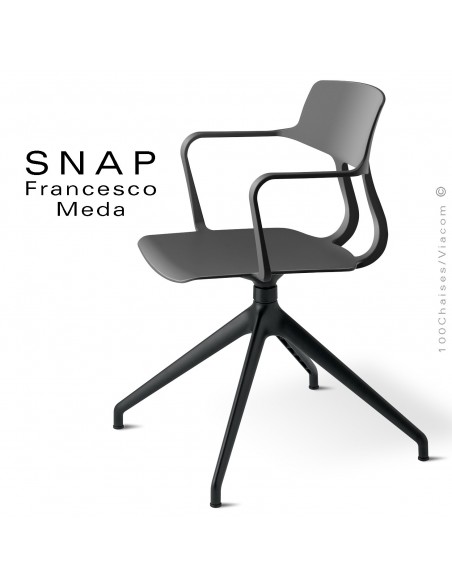 Chaise de bureau design SNAP, piétement aluminium noir, assise pivotante coque plastique avec accoudoirs couleur anthracite.