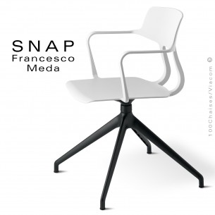 Chaise de bureau design SNAP, piétement aluminium noir, assise pivotante coque plastique avec accoudoirs couleur blanc.
