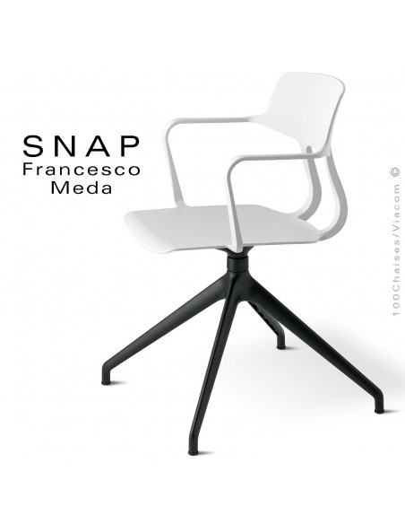 Chaise de bureau design SNAP, piétement aluminium noir, assise pivotante coque plastique avec accoudoirs couleur blanc.