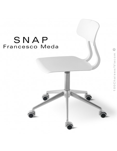Chaise de bureau SNAP, piétement aluminium brillant avec roulettes, assise hauteur réglable, pivotante coque couleur blanche.