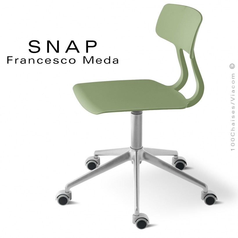 Chaise de bureau SNAP, piétement aluminium brillant avec roulettes, assise hauteur réglable, pivotante coque couleur pistache.