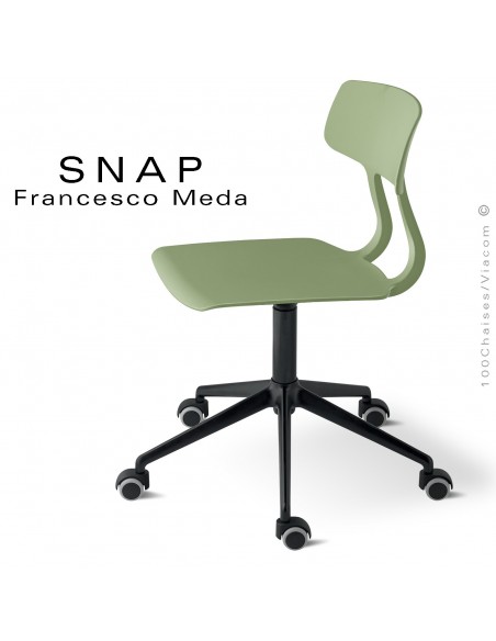 Chaise de bureau SNAP, piétement aluminium noir avec roulettes, assise hauteur réglable, pivotante coque couleur pistache.