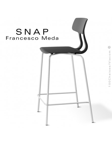 Tabouret de cuisine SNAP, piétement peint blanc, assise coque plastique couleur noir.