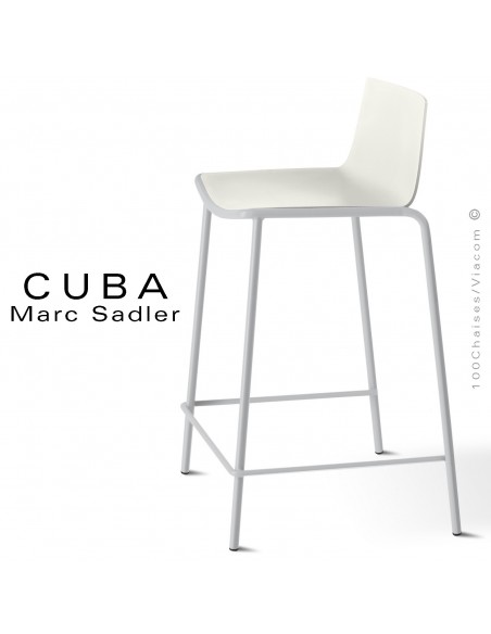 Tabouret de cuisine design CUBA, assise coque plastique couleur blanc pur, structure acier peint aluminium.