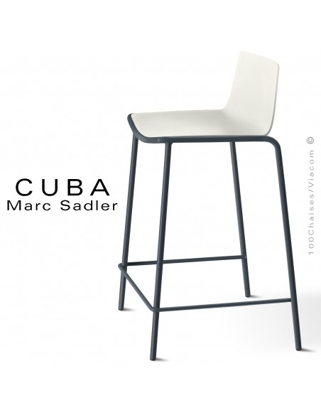 Tabouret de cuisine design CUBA, assise coque plastique couleur blanc pur, structure acier peint anthracite.