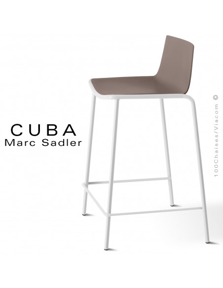 Tabouret de cuisine design CUBA, assise coque plastique couleur argile, structure acier peint blanche.