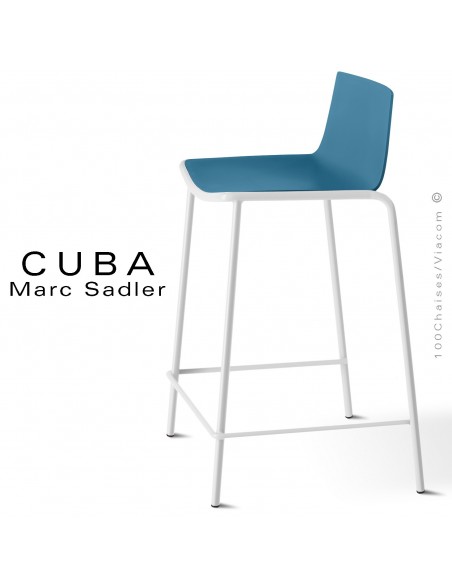 Tabouret de cuisine design CUBA, assise coque plastique couleur bleu Capri, structure acier peint blanche.
